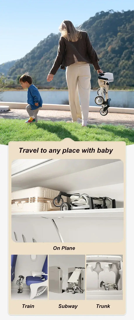 Lightweight travel stroller shown in outdoor setting, easily portable for travel on plane, subway, and trunk.
