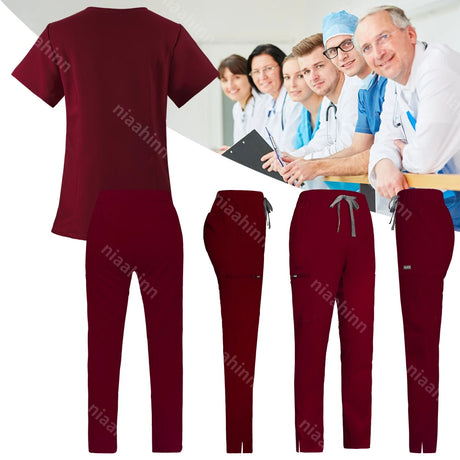 Solid color veterinary scrub set featuring a top and pants in burgundy, suitable for women's beauty and medical work.