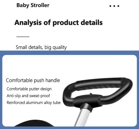 Close-up of a baby stroller's comfortable push handle, featuring anti-slip design and reinforced aluminum alloy tube.