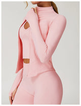 Ribbed Women's Yoga Jacket – Long Sleeve Standing Collar Fitness Top