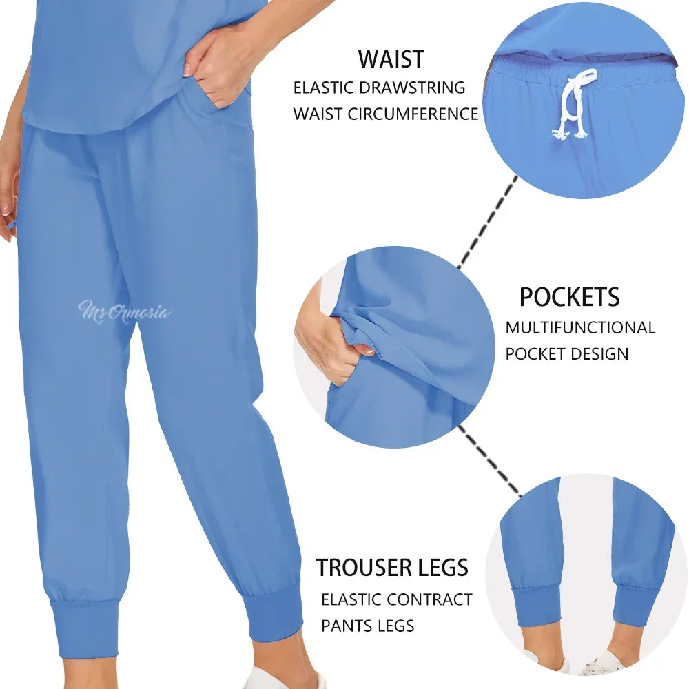Elastic medical scrub set featuring adjustable drawstring waist, multifunctional pockets, and elastic contract trousers in blue.
