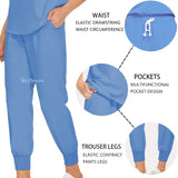 Elastic medical scrub set featuring adjustable drawstring waist, multifunctional pockets, and elastic contract trousers in blue.