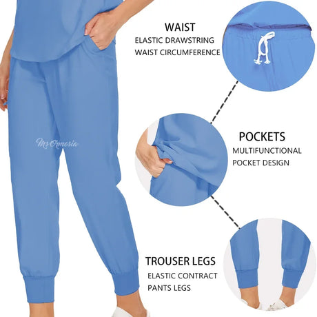 Elastic medical scrub set featuring adjustable drawstring waist, multifunctional pockets, and elastic contract trousers in blue.