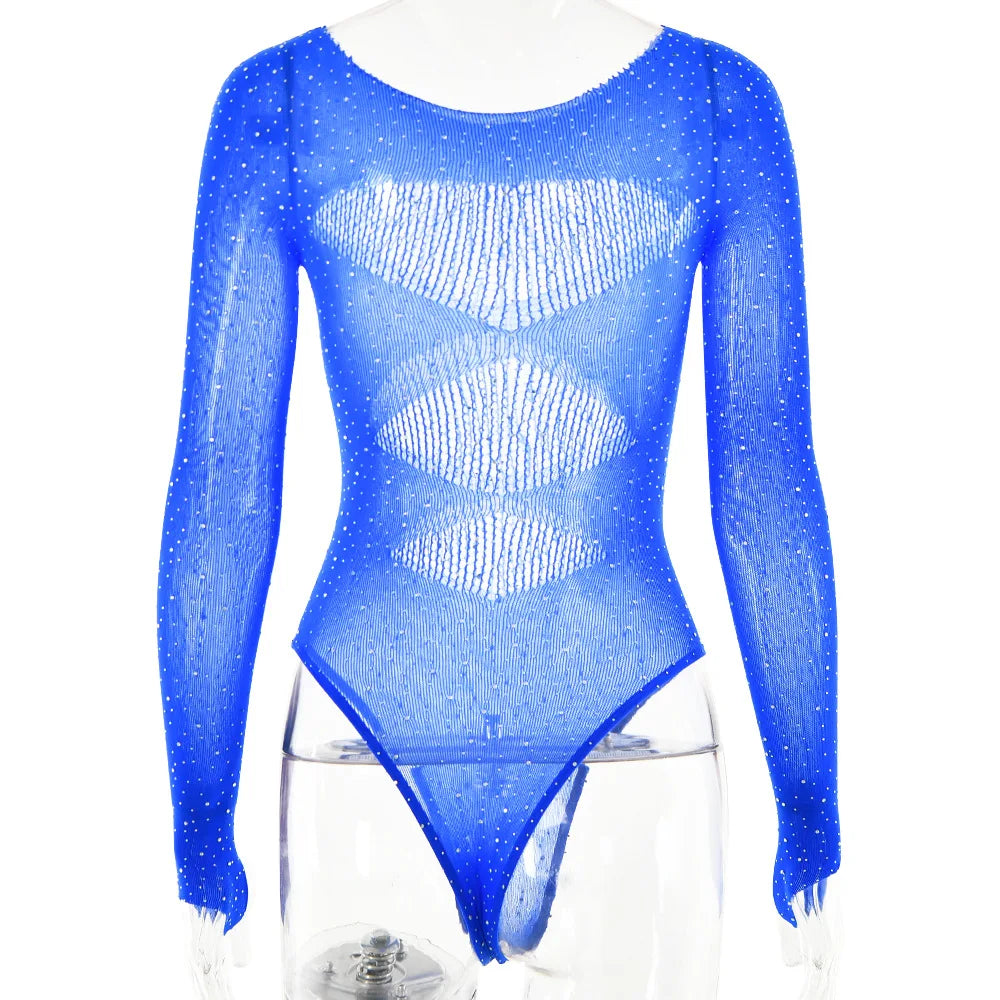 Women's Knitted Rhinestone Long Sleeve Bodysuit – Sexy Y2K Outfit