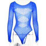 Women's Knitted Rhinestone Long Sleeve Bodysuit – Sexy Y2K Outfit