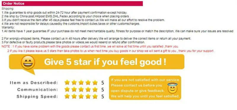 Order notice for online shopping including shipping guarantee, customer support, and feedback request with star ratings.