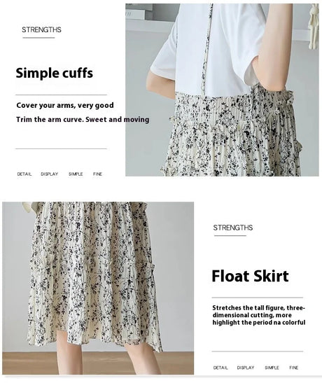 Elegant maternity dress showcasing simple cuffs and a float skirt design with floral patterns for baby showers.