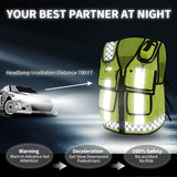 Adjustable mesh safety vest in hi-vis green for night safety with reflective strips and multiple pockets.