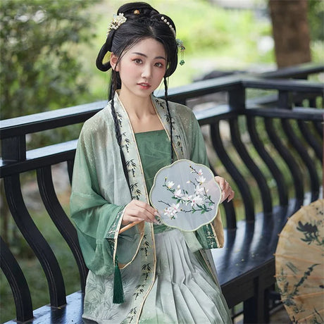 Women’s Hanfu Cosplay in green dress, showcasing elegant traditional style with fan, perfect for cultural events.