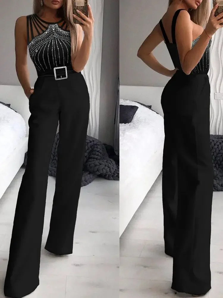 GlimmaStrap™ – Multi-Strap Rhinestone Jumpsuit (Black, Glamorous & Eye-Catching)