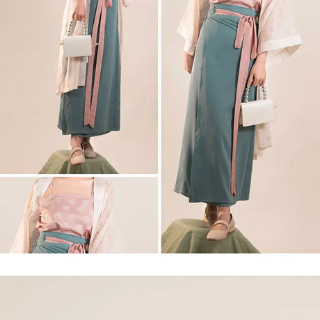Song Dynasty Hanfu women's three-piece outfit featuring a teal skirt, patterned top, and light cardigan with a stylish handbag.