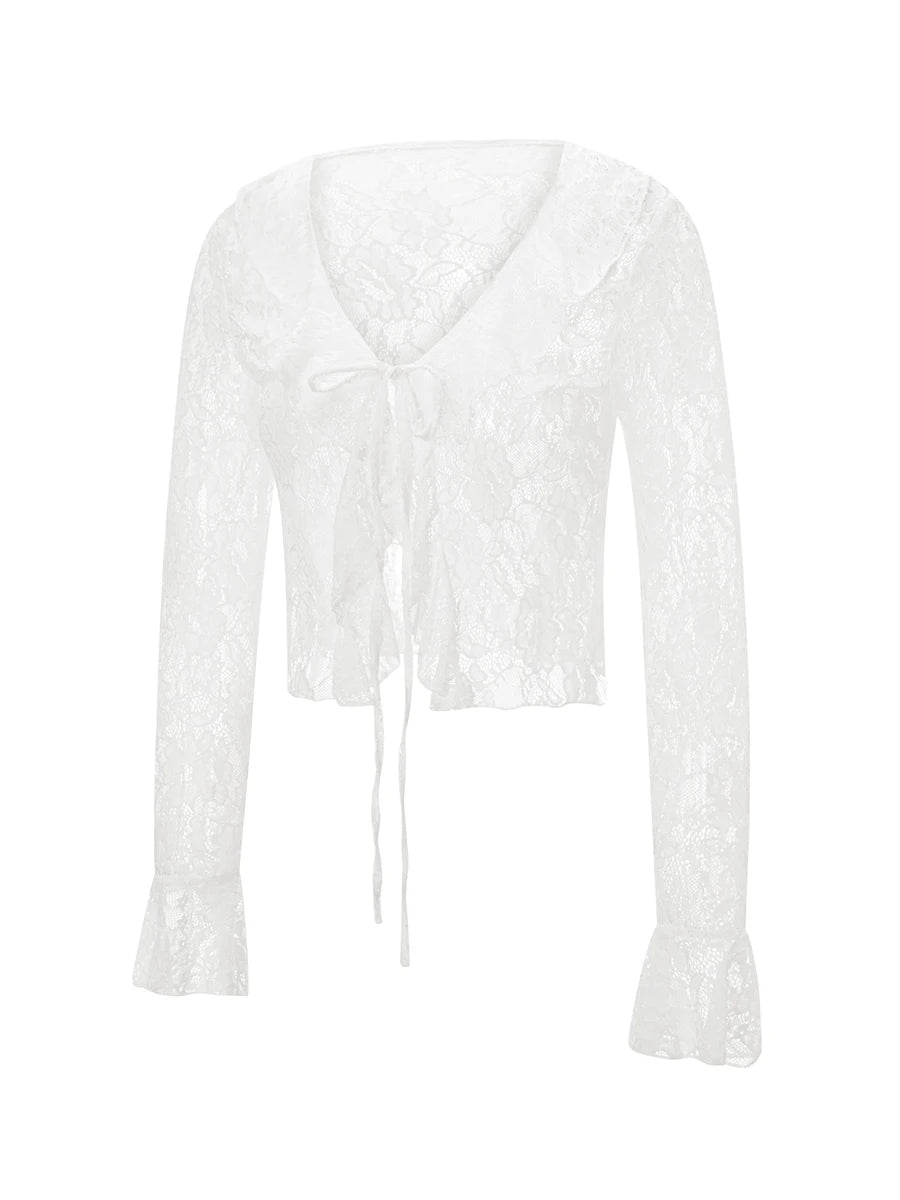 TieGlam™ sheer lace crop cardigan with flare sleeves and front tie in white for women's clubwear.