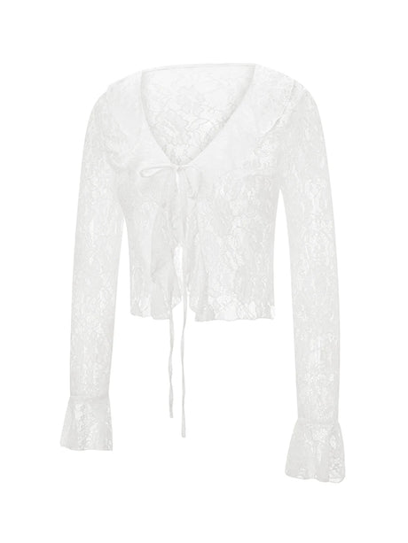 TieGlam™ sheer lace crop cardigan with flare sleeves and front tie in white for women's clubwear.
