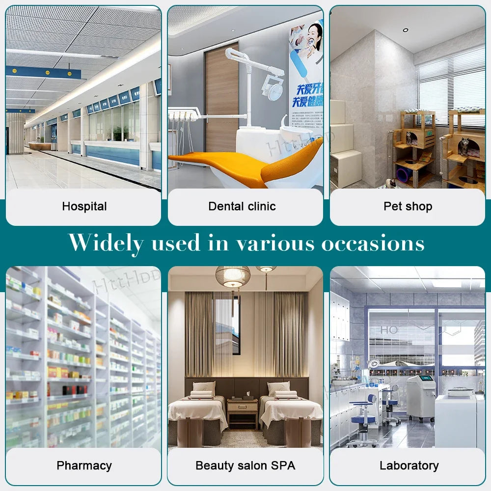 Various settings for Unisex Nurse Surgical Scrub Suit: hospital, dental clinic, pet shop, pharmacy, beauty salon, and laboratory.