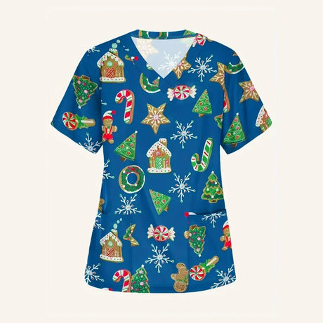 Christmas cartoon nurse scrubs with festive patterns in blue, featuring gingerbread houses, trees, and candy canes.