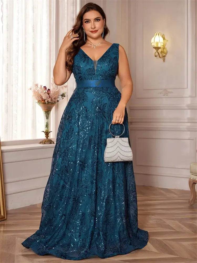 Women Plus Size V-Back Sequin Evening Cocktail Dress