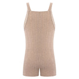 Back view of a sleeveless ribbed maternity jumpsuit in natural color, ideal for summer casual wear.