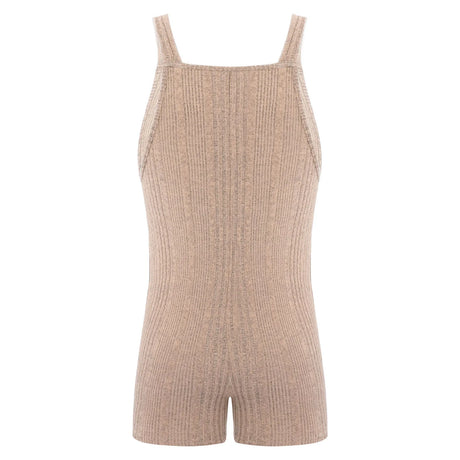 Back view of a sleeveless ribbed maternity jumpsuit in natural color, ideal for summer casual wear.