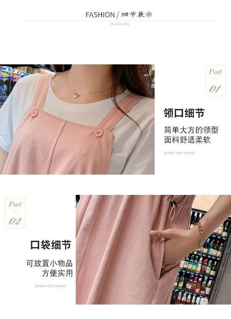 Close-up of a pink loose fit maternity dress showcasing features like buttons and practical pockets for convenience.