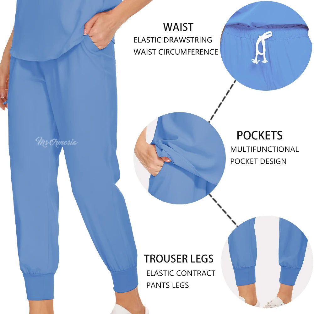 Blue women's workwear set featuring elastic drawstring waist, multifunctional pockets, and elastic contract trouser legs.