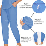 Blue women's workwear set featuring elastic drawstring waist, multifunctional pockets, and elastic contract trouser legs.