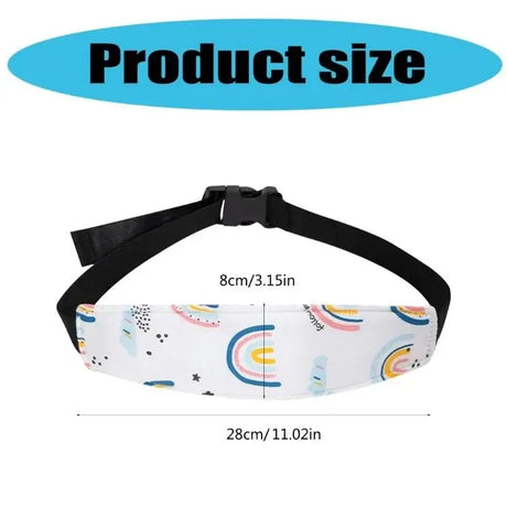 Q81A Kids Travel Neck Guard size illustration showing dimensions: 8cm x 28cm, playful rainbow pattern, unisex design.