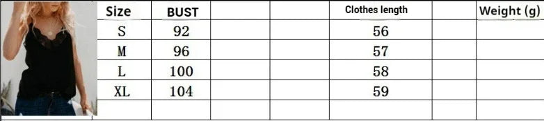 Size chart for SatéBelle™ elegant satin camisole showing bust measurements and clothing length for sizes S to XL.