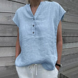 BreezyLuxe™ light blue cotton linen V-neck blouse with buttons, perfect for summer wear.