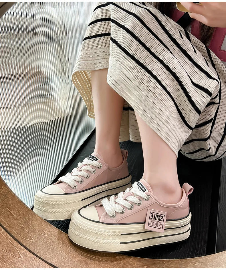 Women Canvas Shoes Black White Platform Sneakers