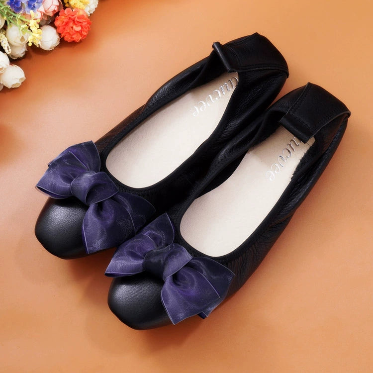 Women Leather Bowknot Slip-On Ballerina Flats