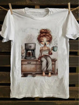 Summer Casual Coffee Print T-Shirt featuring a girl with coffee in hand, designed for comfort and style. Made from 100% cotton.