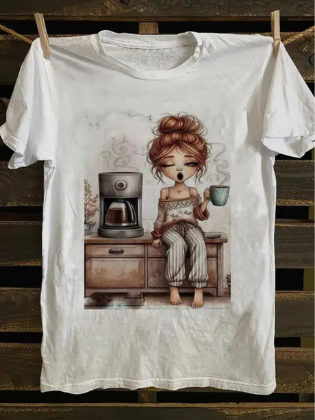 Summer Casual Coffee Print T-Shirt featuring a girl with coffee in hand, designed for comfort and style. Made from 100% cotton.