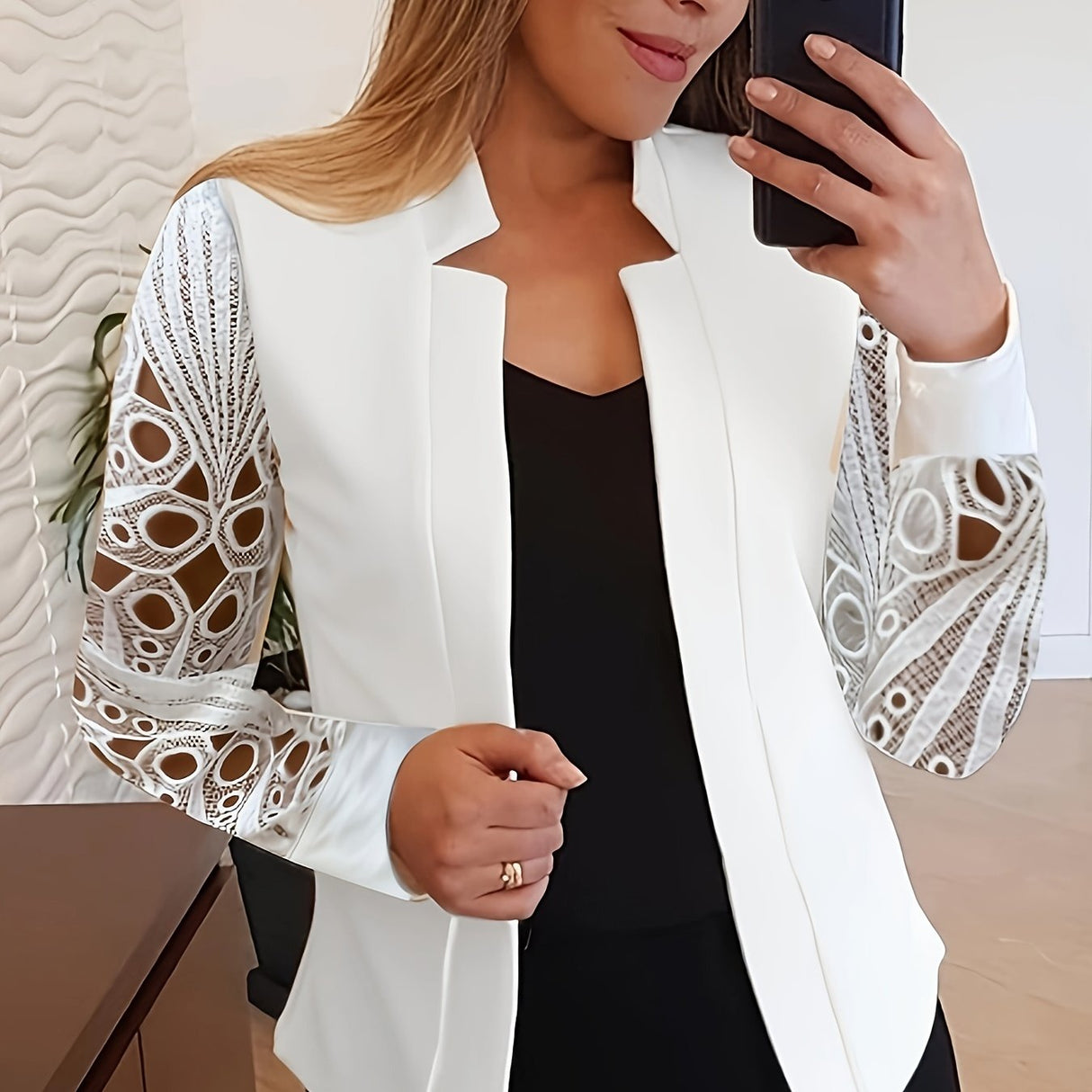 LaceLuxe™ – Contrast Lace Blazer (Durable Fabric, Feminine Touch, Easy Care)