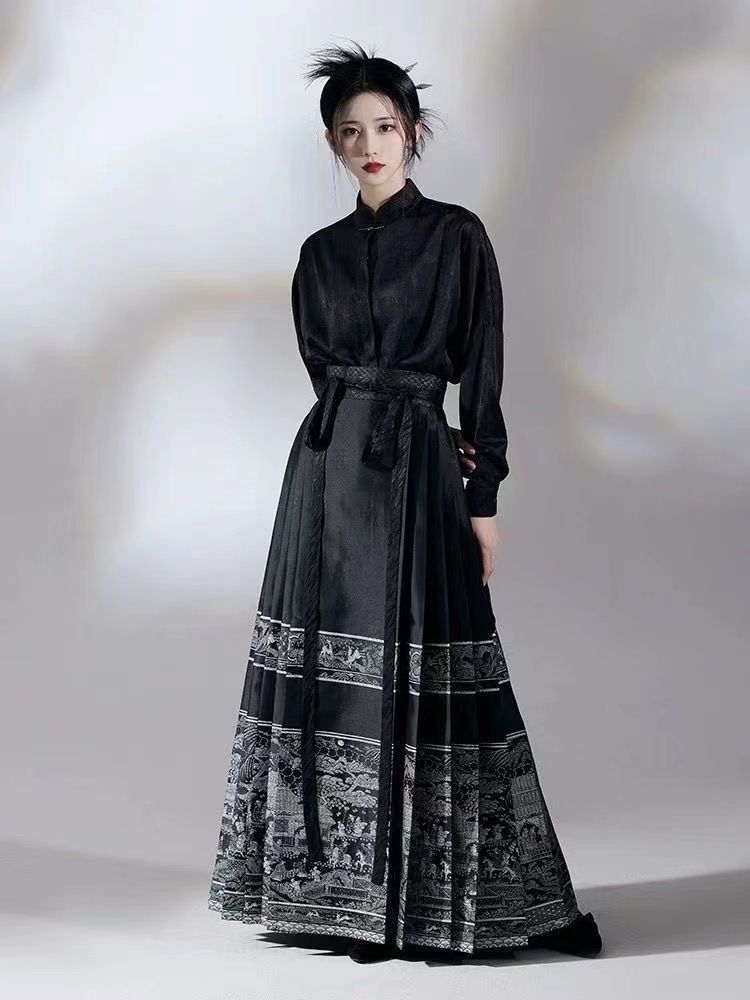 Elegant woman wearing a Horse Face Skirt Traditional Hanfu Outfit in black with intricate designs, showcasing modern Chinese fashion.