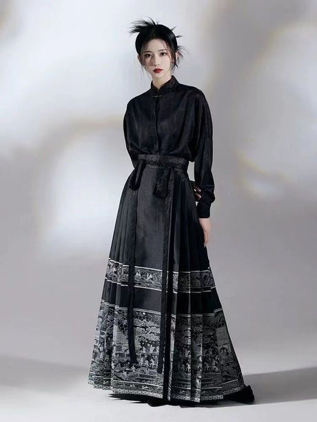 Elegant woman wearing a Horse Face Skirt Traditional Hanfu Outfit in black with intricate designs, showcasing modern Chinese fashion.