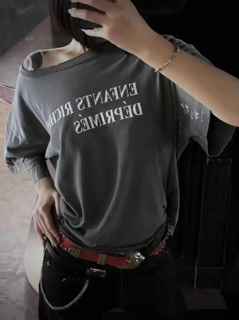 Distressed Letter Print Loose Fit T-Shirt | by Anwer Fancy | Worldwide Shipping
