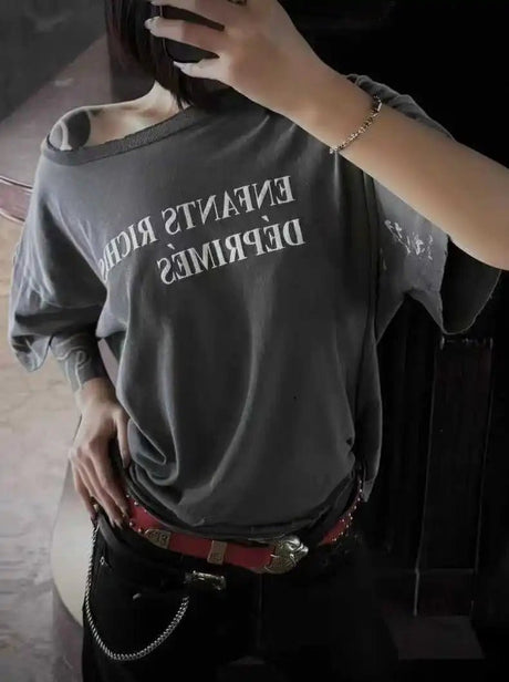 Distressed Letter Print Loose Fit T-Shirt | by Anwer Fancy | Worldwide Shipping
