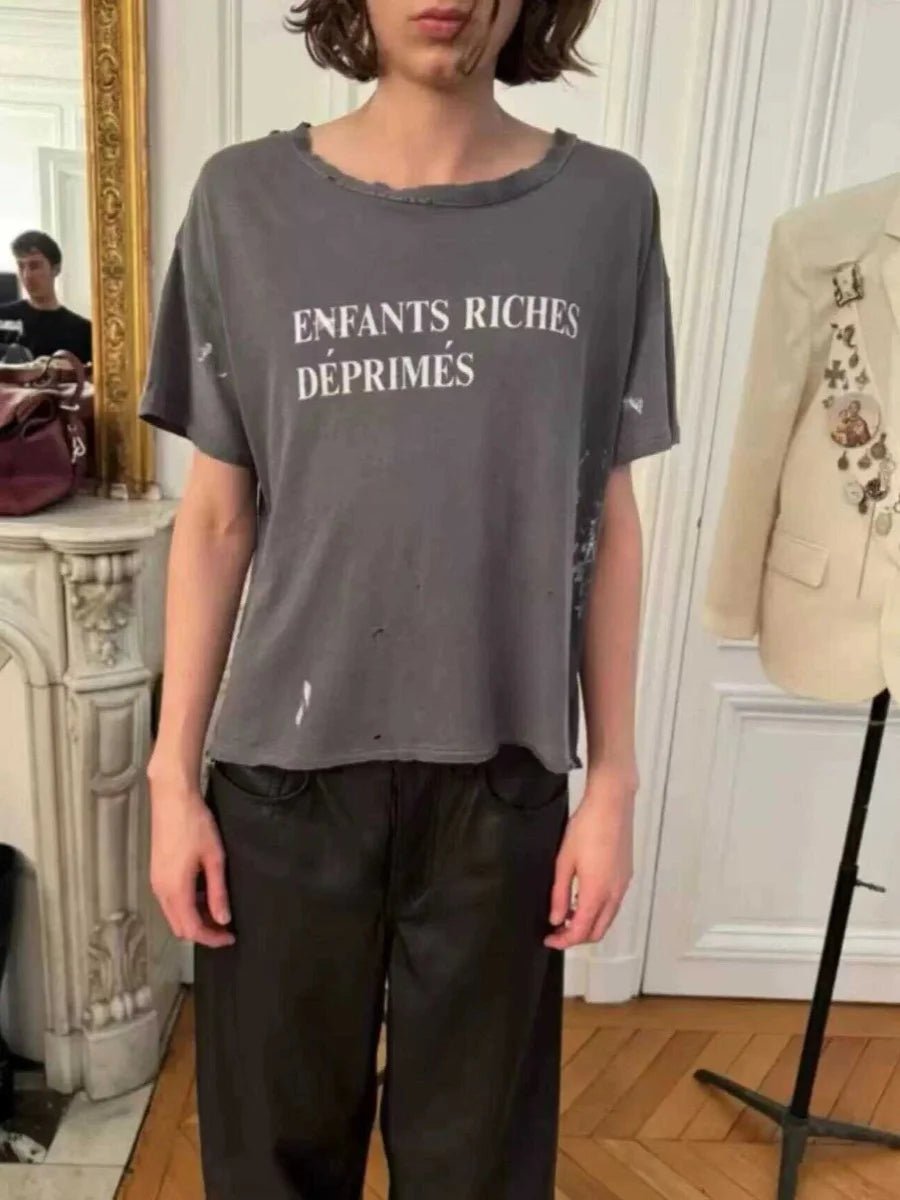 Distressed Letter Print Loose Fit T-Shirt | by Anwer Fancy | Worldwide Shipping