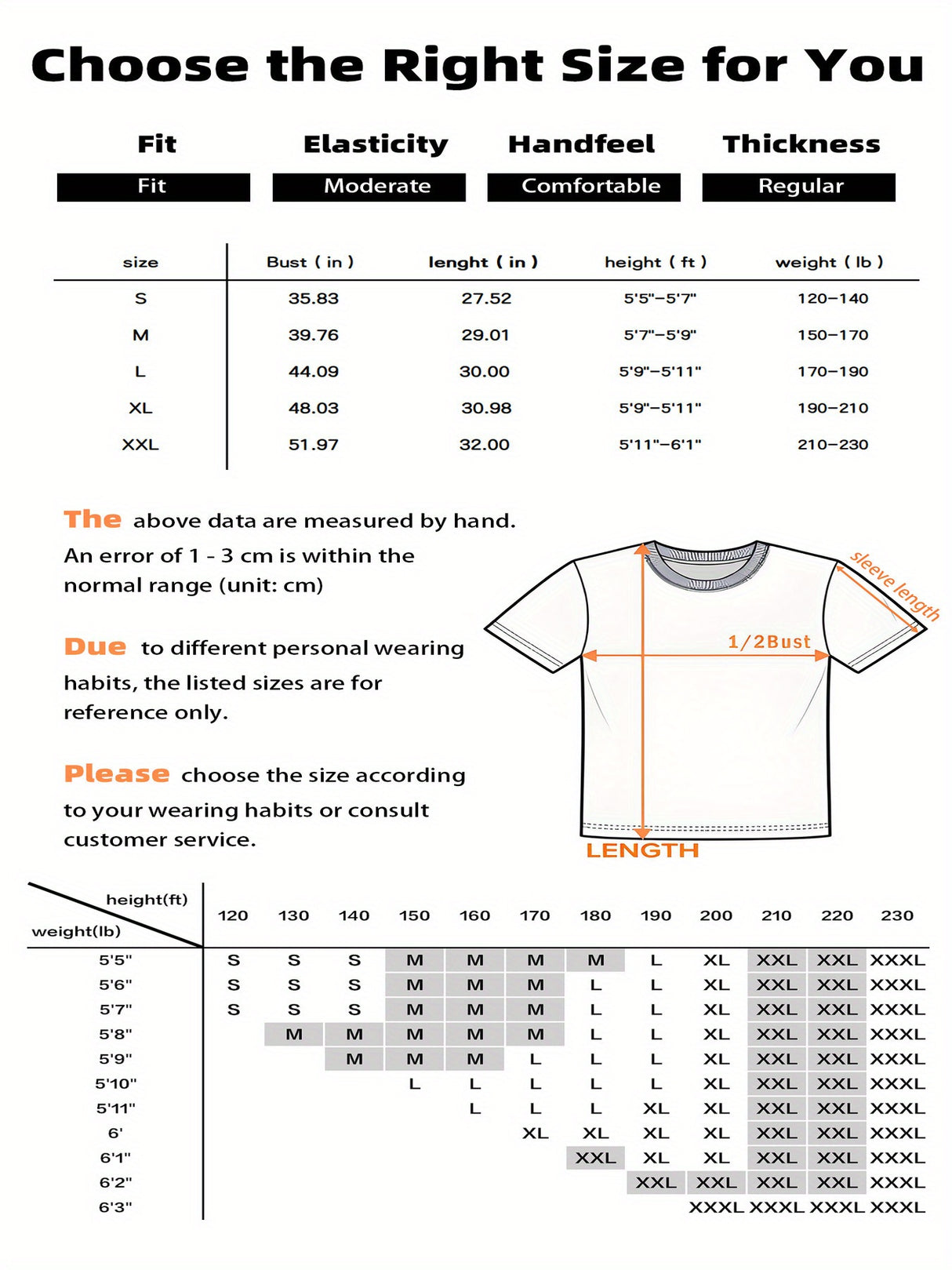 Size chart for Summer Casual Coffee Print T-Shirt, detailing fit, elasticity, handfeel, and thickness for accurate sizing.