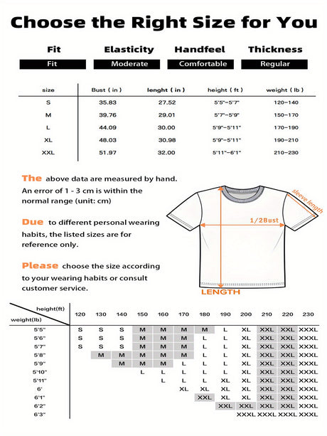 Size chart for Summer Casual Coffee Print T-Shirt, detailing fit, elasticity, handfeel, and thickness for accurate sizing.